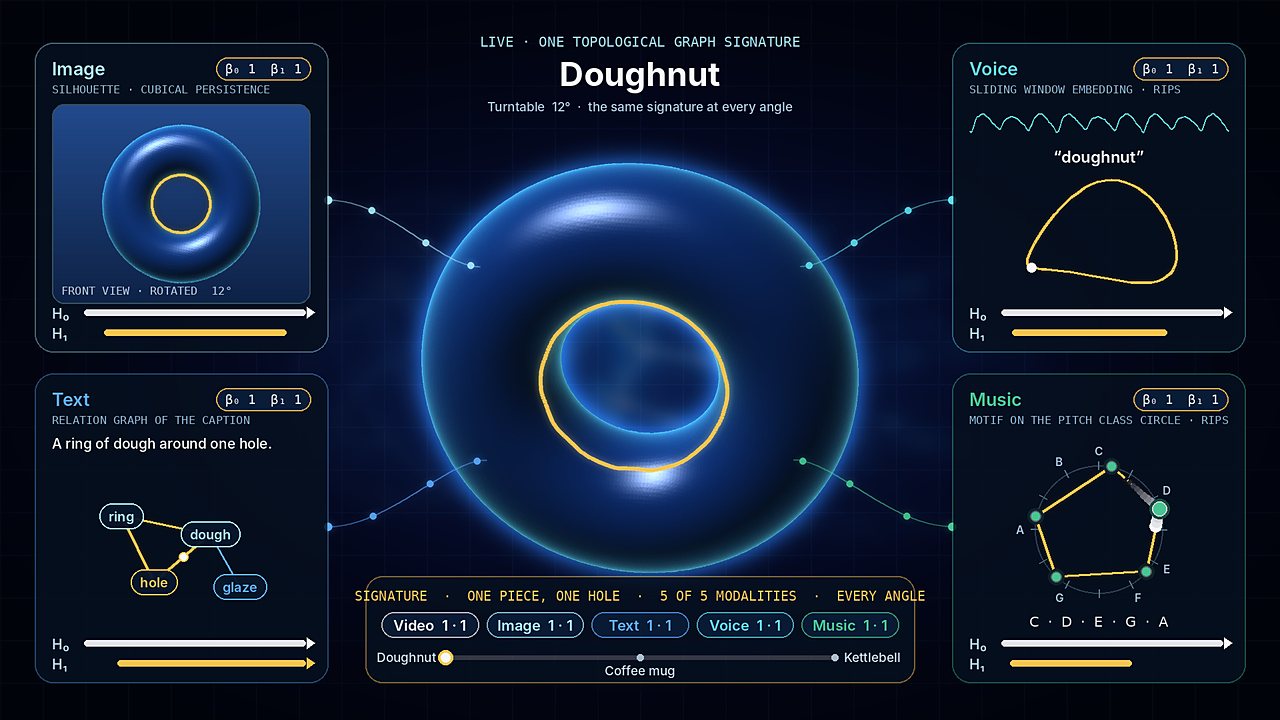 A doughnut turns into a coffee mug, then a kettlebell, then back into a doughnut, holding one topological graph signature, one piece and one hole, across image, text, voice and music